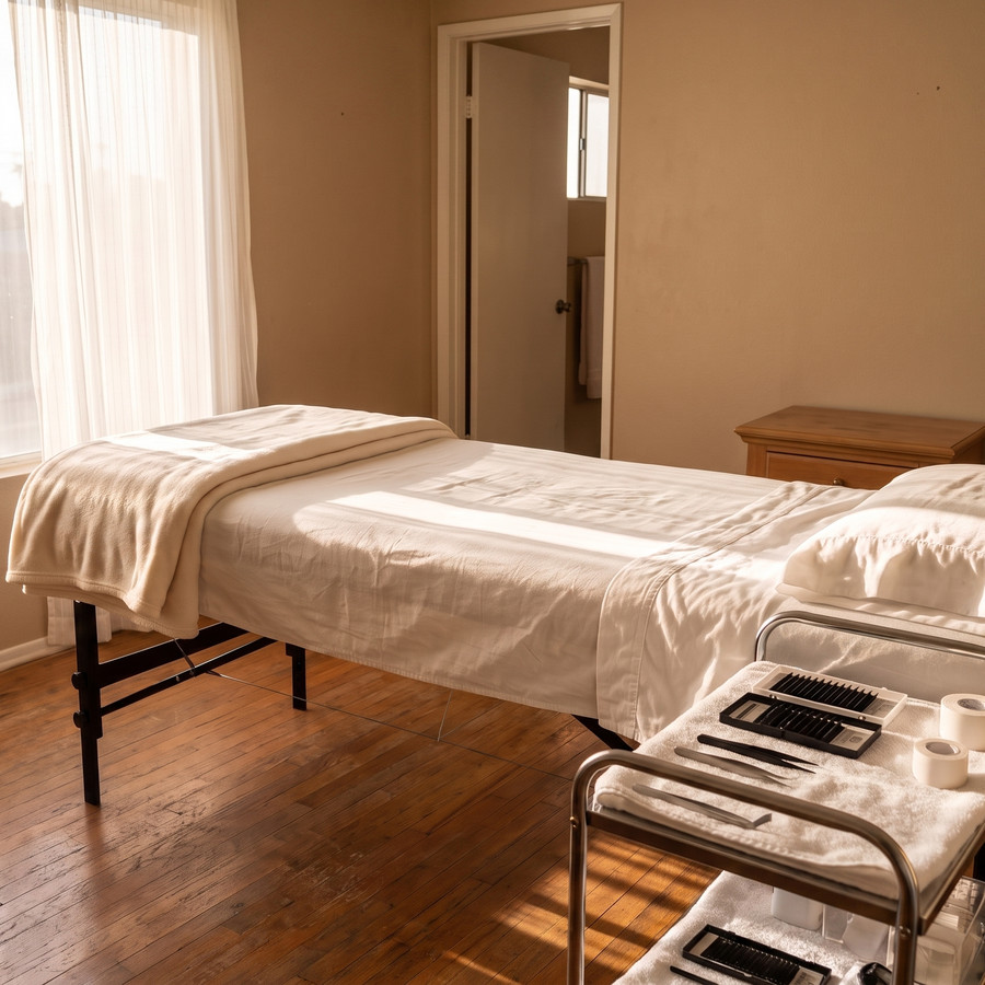 The room set up and waiting later in the morning: the bed made up on its folding frame, the trolley beside it, full light through the curtains.