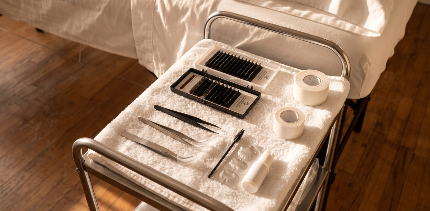 A rolling trolley set out beside the made bed: black lash tiles with fans laid in rows, two pairs of tweezers, tape, a spoolie, a jade stone and a sealed adhesive bottle, in morning light through the curtains.